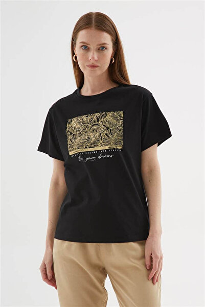 Fashion Friends Μπλούζα από 100% βαμβάκι με στάμπα πέτρας Μαύρη