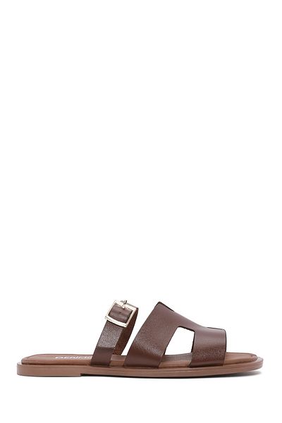 Derimod Women's Brown Buckle Leather Slippers 25Sfd 332718