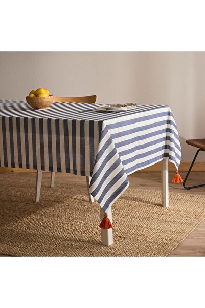 Vanilla Home مفرش طاولة بتفاصيل شرابة مخططة من البحر الأبيض المتوسط
