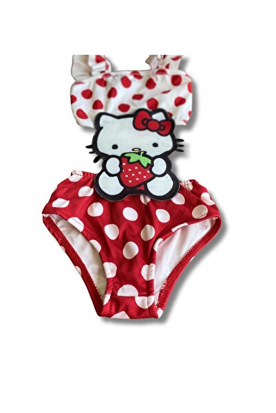 shop Kız Çocuk Hello Kitty Şekilli Kırmızı Beyaz Puantiyeli Fırfırlı Kol Lastikli Mayokini Çocuk Mayo