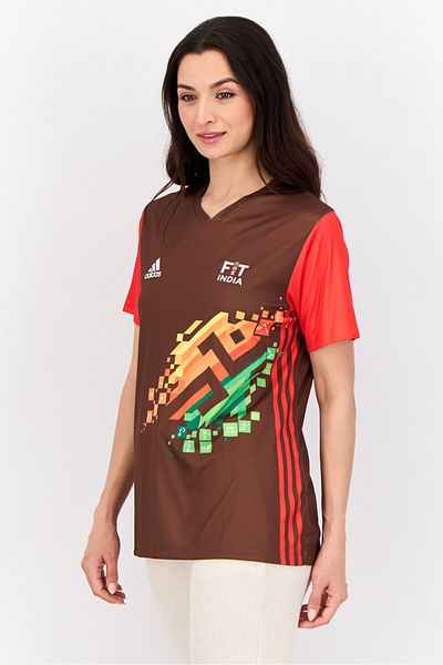 adidas Women Sportswear Fit Short Sleeve Fit India Odisha Football Jersey, Brown