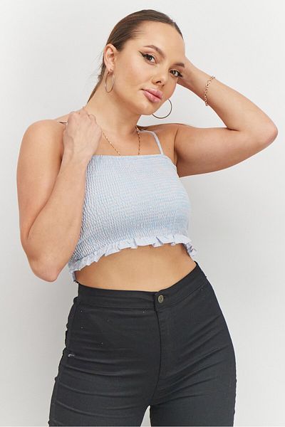 Blank NYC Women Square Neck Tie Sleeve Textured Crop Top, Light Blue And Pink