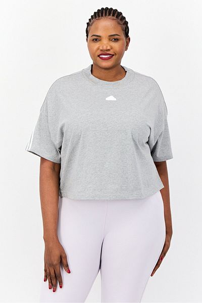 adidas Women Plus Size Short Sleeve Training Future Icons 3 Stripe T-shirt, Grey