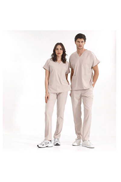 ÇİZGİ MEDİKAL KREM Lüks Likralı Scrubs Greys Takım