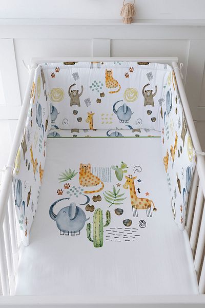 Tuğba Kuğu Baby Bedside Protector and Printed Sheet Sleeping Set - İconic Series - Cactus and Cute Animals