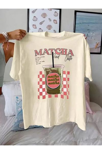 trendgar Μπλουζάκι unisex με στάμπα MATCHA μπεζ oversize