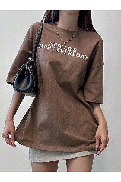 trendgar new life printed καφέ μπλουζάκι unisex oversize