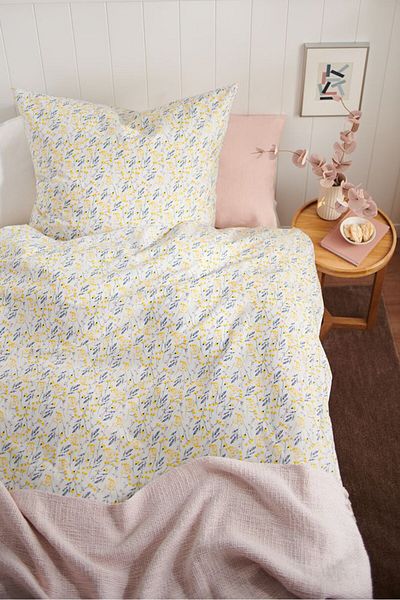 Tchibo Single Premium Floral Cotton Duvet Set 160 X 210 Cm, White/yellow Combo