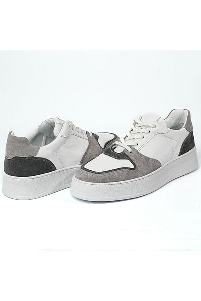 TETRİ Men's White-Grey Sneakers - Perdika Model, Genuine Leather, Handmade