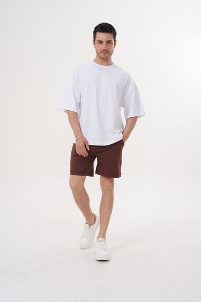 ACTIVE MODA -Men's Short Sleeve Brown Color Tshirt- Shorts Set 2-Pack Cotton Fabric Large Size Oversized