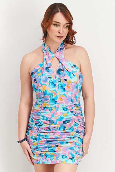 Reserved Women Halter Neckline All Over Print Ruffle Bodycon Dress, Turquoise...