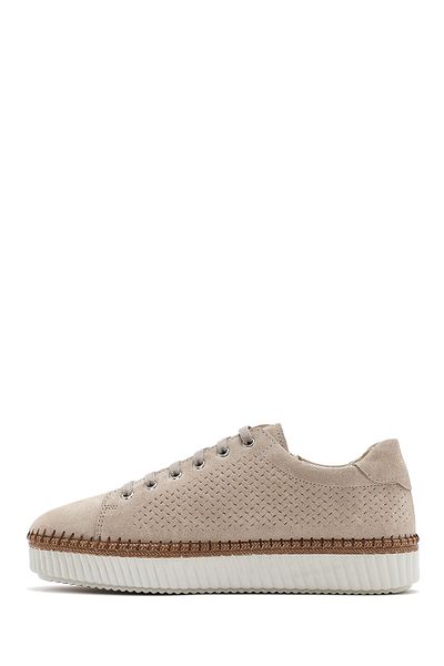Derimod Women's Beige Lace-Up Thick Soled Suede Leather Sneaker 25Sfd 501810