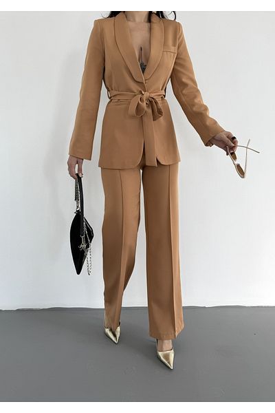 MYGİYİMİSTANBUL Tie-Up Blazer Jacket Wide Leg Trousers Set
