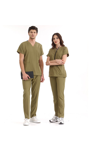 ÇİZGİ MEDİKAL HAKİ YEŞİLİ Lüks Likralı Scrubs Greys Takım