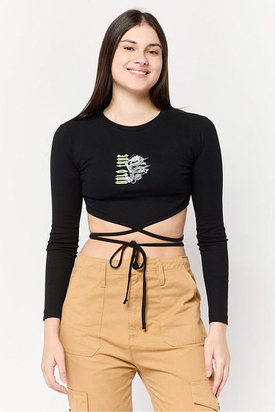 DeFacto Women Crew Neck Long Sleeve Graphic Print Top, Black
