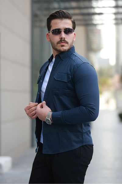Mero Life Ανδρικό πουκάμισο τζιν με λεπτή εφαρμογή Navy Blue Slim Fit