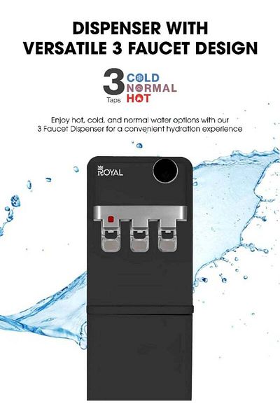 Royal موزع مياه قائم مع ثلاجة/ ٣ صنابير ساخن وبارد وعادي/ أمان للأطفال/ RA-WD300-WRB أسود