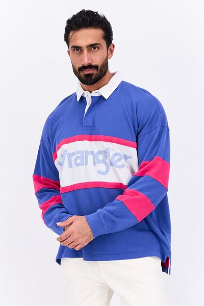 WRANGLER Men Spread Collar Brand Logo Long Sleeves Sweatshirt, Crisp Blue Combo