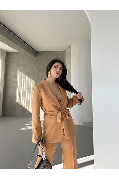 MYGİYİMİSTANBUL Tie-Up Blazer Jacket Wide Leg Trousers Set