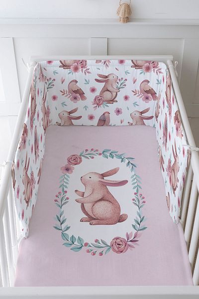 Tuğba Kuğu Baby Bedside Protector and Printed Sheet Sleeping Set - İconic Series - Pink Wreathed Rabbit