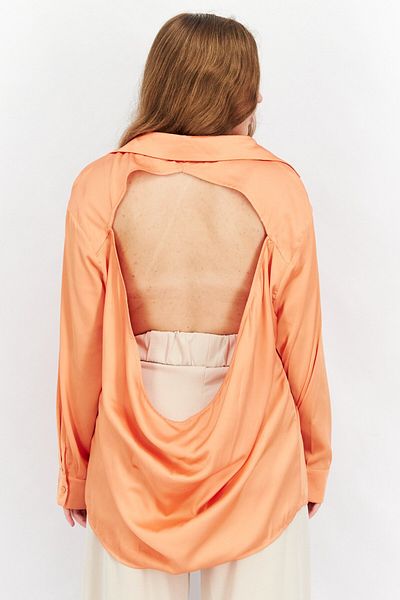 Skylar Rose Women Spread Neck Long Sleeves Satin Open Back Shirt, Orange