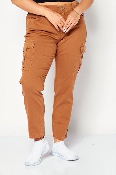 More & More Women Regular Fit High Waist Cargo Pockets Denim, Brown