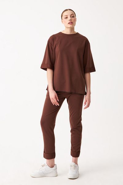 Know Women's Brown Crew Neck Double Sleeve and Leg Bottom Top Set