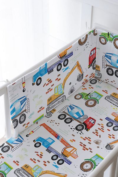 Tuğba Kuğu Baby Bedside Protector and Printed Sheet Sleeping Set - İconic Series - Colorful Construction Machinery