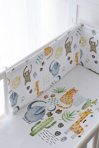 Tuğba Kuğu Baby Bedside Protector and Printed Sheet Sleeping Set - İconic Series - Cactus and Cute Animals