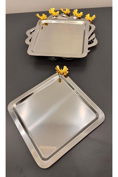 Abant Lux Square Stainless Steel 6 Piece Coffee Presentation Tray with Yellow Butterfly Accessories