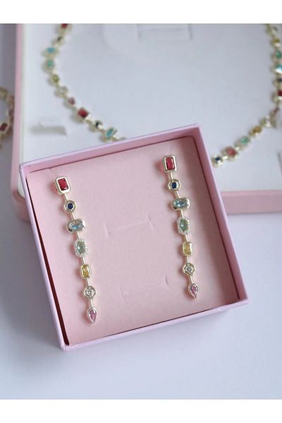Reorah Collection Colormix Earrings-Row of Colored Stones 7 Elements Earrings