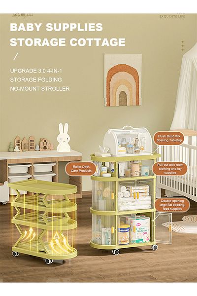 Yeya 3 In 1 Baby Supplies Storage Shelf, 3-Layer Folding And Movable Trolley Shelves For Storage