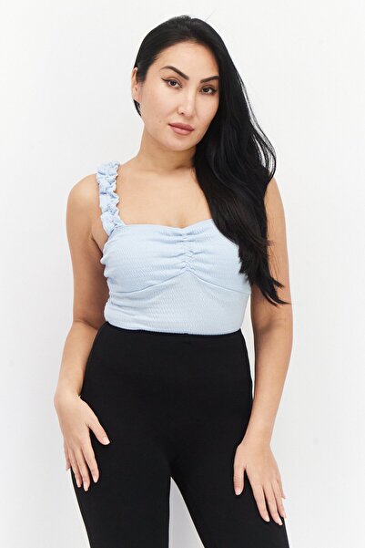 Lost + Wander Women Queen Anne Neck Sleeveless Textured Bodysuit, Light Blue