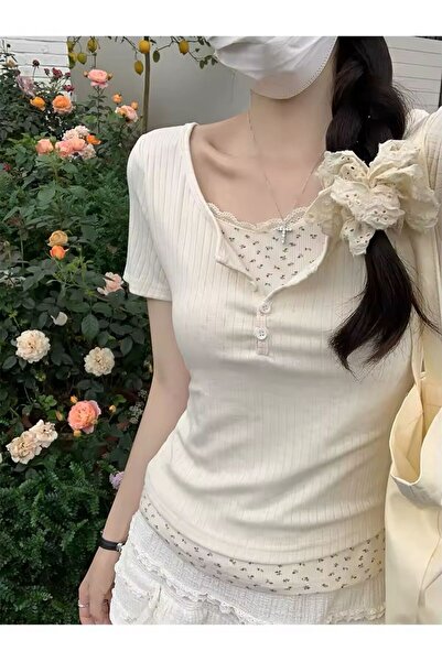 Karakedi Basic Short Sleeve Blouse with Floral Insert Inner Body