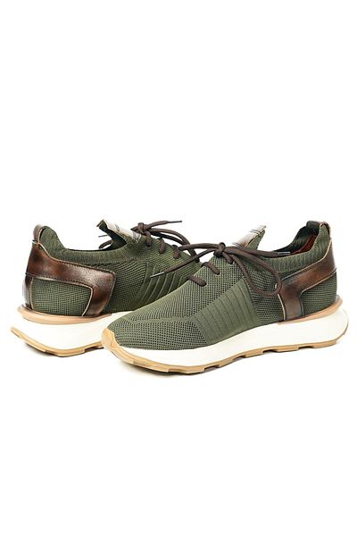 TETRİ Leonidas Model Genuine Leather Khaki Men's Knitwear Sneaker - Handmade