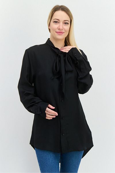 Gant Women Tie Neck Long Sleeves Plain Casual Shirt, Black