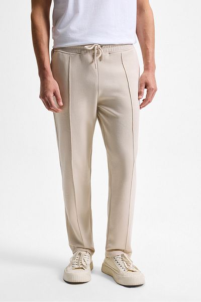 GRIMELANGE Bogarde Men's Elastic Waist Drawcord Relaxed Fit Stone Color Sweatpants with Side Pockets Ribbed Front