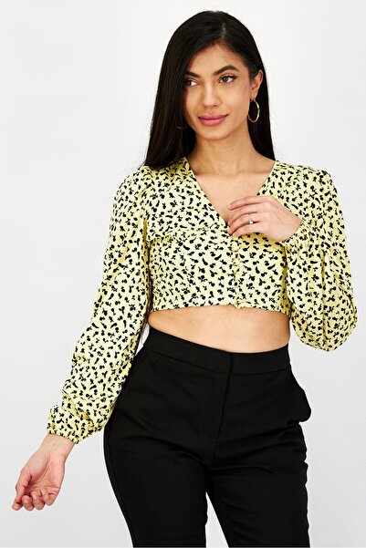 Reserved Women V-neck Long Sleeve Allover Print Top, Yellow And Black