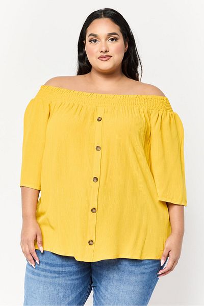 DeFacto Women Off Shoulder Neck Short Sleeves Metallic Top, Mustard
