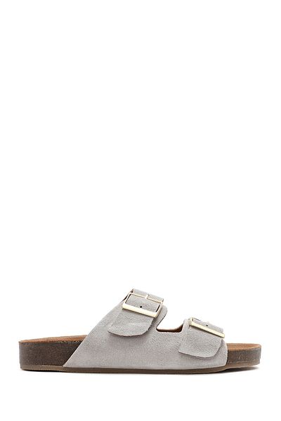 Derimod Women's Gray Double Buckle Suede Leather Slippers 25Sfd 150210