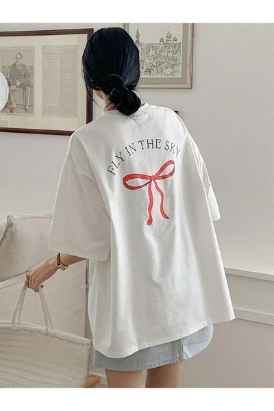 trendgar λευκό μπλουζάκι unisex oversize με στάμπα με φιόγκο