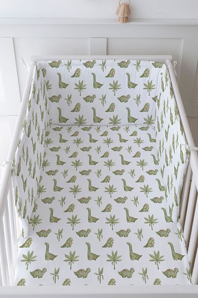 Tuğba Kuğu Baby Bedside Protector and Printed Sheet Sleeping Set - İconic Series - Green Dinosaurs