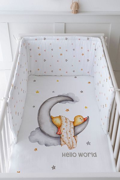 Tuğba Kuğu Baby Bedside Protector and Printed Sheet Sleeping Set - Pure Baby Series - Duck Sleeping on the Moon
