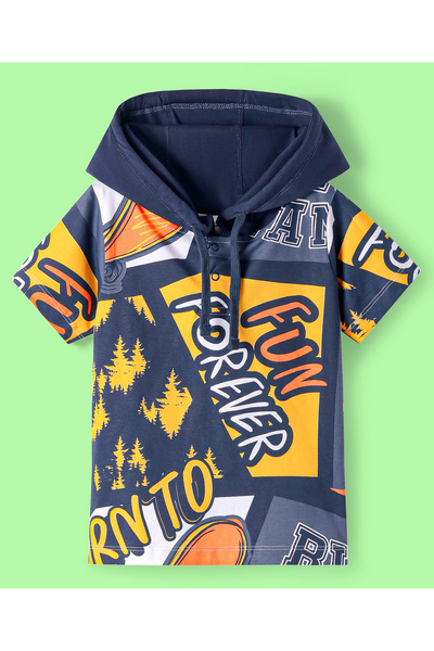 Ollington St. Ollington St. Cotton Knit Half Sleeves Hooded T-Shirt & Joggers Set Text Printed - Navy Blue