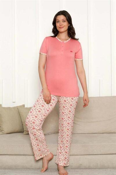 ALİMER Pajama Set - Salmon Flower Pattern Short Sleeve Lycra Viscose 2846Ky