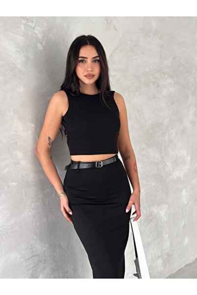 Gugus Fusta de damă cu fante în spate cu detaliu de curea