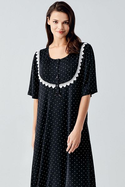 Artış Polka Dot Buttoned Short Sleeve Lycra Viscose Nightgown