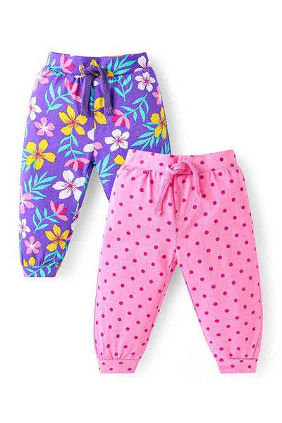 Babyhug Babyhug Cotton Knit Full Length Lounge Pants With Floral Print Pack of 2 - Purple & Pink