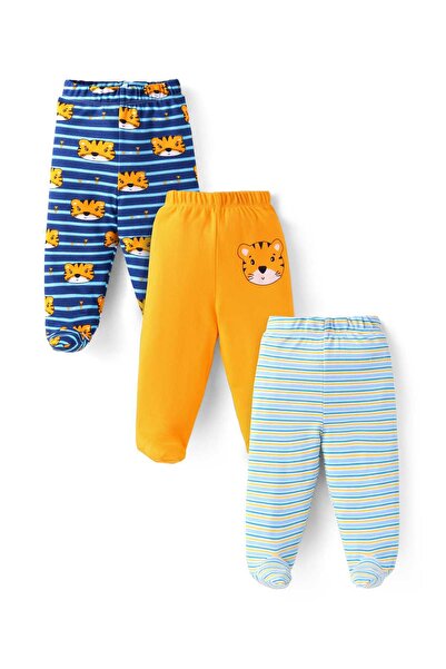 Babyhug Babyhug Cotton Interlock Knit Stripe & Tiger Print Bootie Leggings Pack of 3 - Yellow & Blue