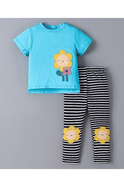 SAPS SAPS 100% Cotton Sunflower Patch Applique Short Sleeves T-Shirt & Striped Leggings Set - Blue